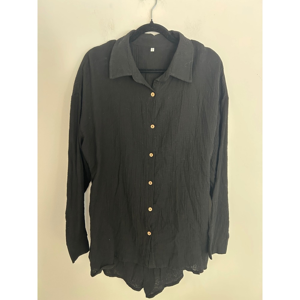 Black Crinkle Gauze 2 Piece Set Lightweight Oversized Shirt and Shorts Womens L
